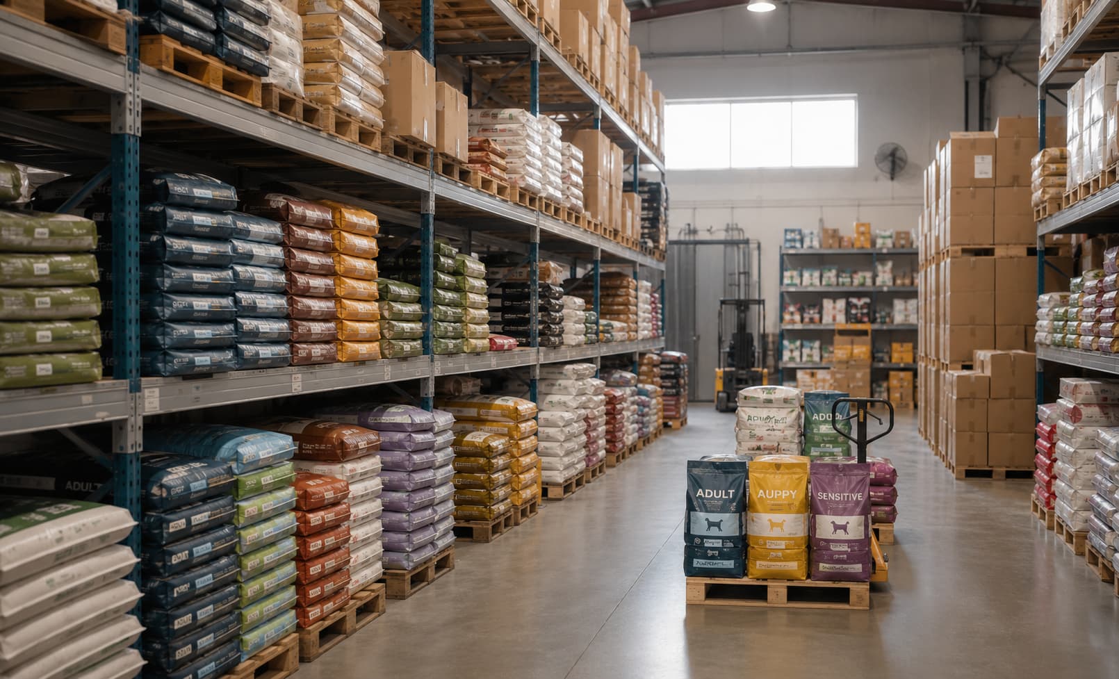 Magazzino di distribuzione petfood con pallet e referenze a brand proprio